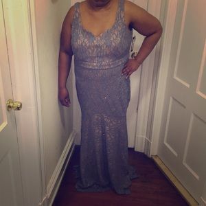 Betsy & Adam Dresses - Periwinkle Lace Evening Gown w/ Nude Underlay Betsy & Adam Dresses - Periwinkle Lace Evening Gown w/ Nude Underlay